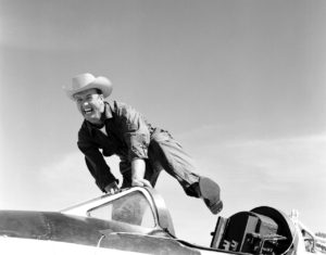 Cowboy Joe (NACA High-Speed Flight Station test pilot Joseph Walker) and his steed (Bell Aircraft Corporation X-1A). A happy Joe was photographed in 1955 at Edwards, California. The X-1A was flown six times by Bell Aircraft Company pilot Jean "Skip" Ziegler in 1953. Air Force test pilots Major Charles "Chuck" Yeager and Major Arthur "Kit" Murray made 18 flights between November 21, 1953 and August 26, 1954. The X-1A was then turned over to the NACA. Joe Walker piloted the first NACA flight on July 20, 1955. Walker attemped a second flight on August 8, 1955, but an explosion damaged the aircraft just before launch. Walker, unhurt, climbed back into the JTB-29A mothership, and the X-1A was jettisoned over the Edwards AFB bombing range.